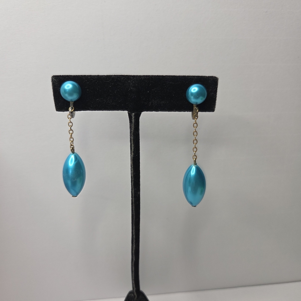 vtg 50s mcm teal blue metallic chandalier screw back earrings retro gold chain